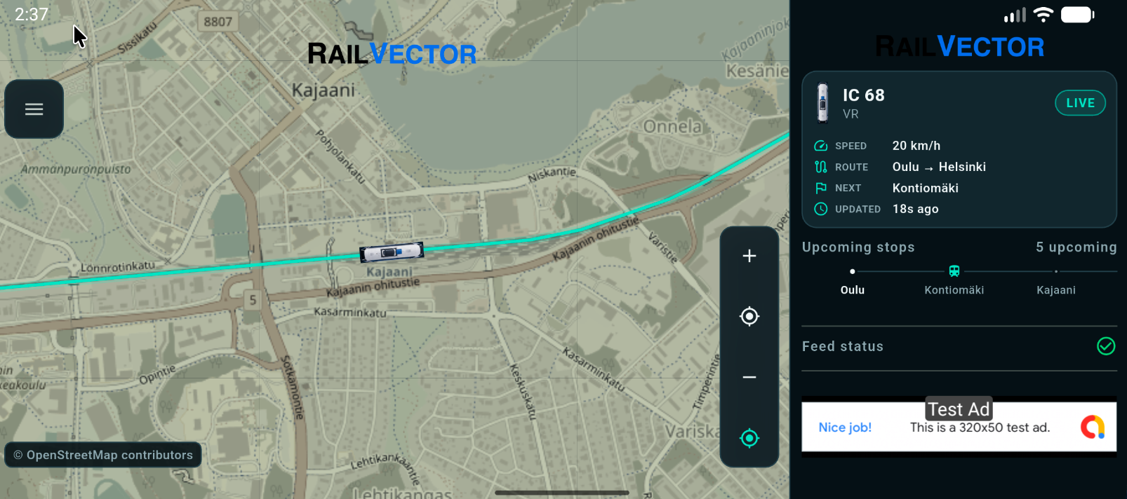 RailVector landscape layout showing the live railway map and selected train intelligence