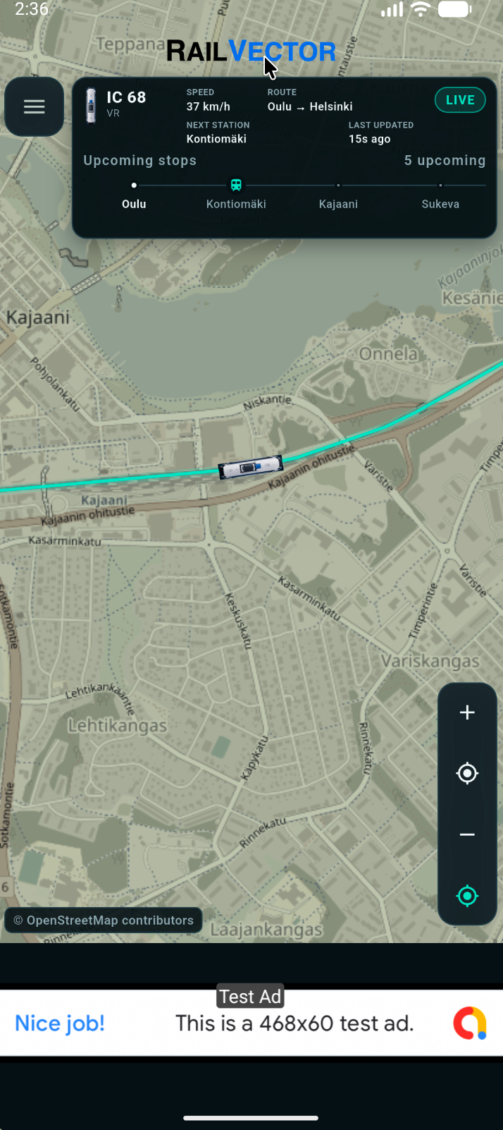 RailVector portrait live map following train IC 68 through Kajaani